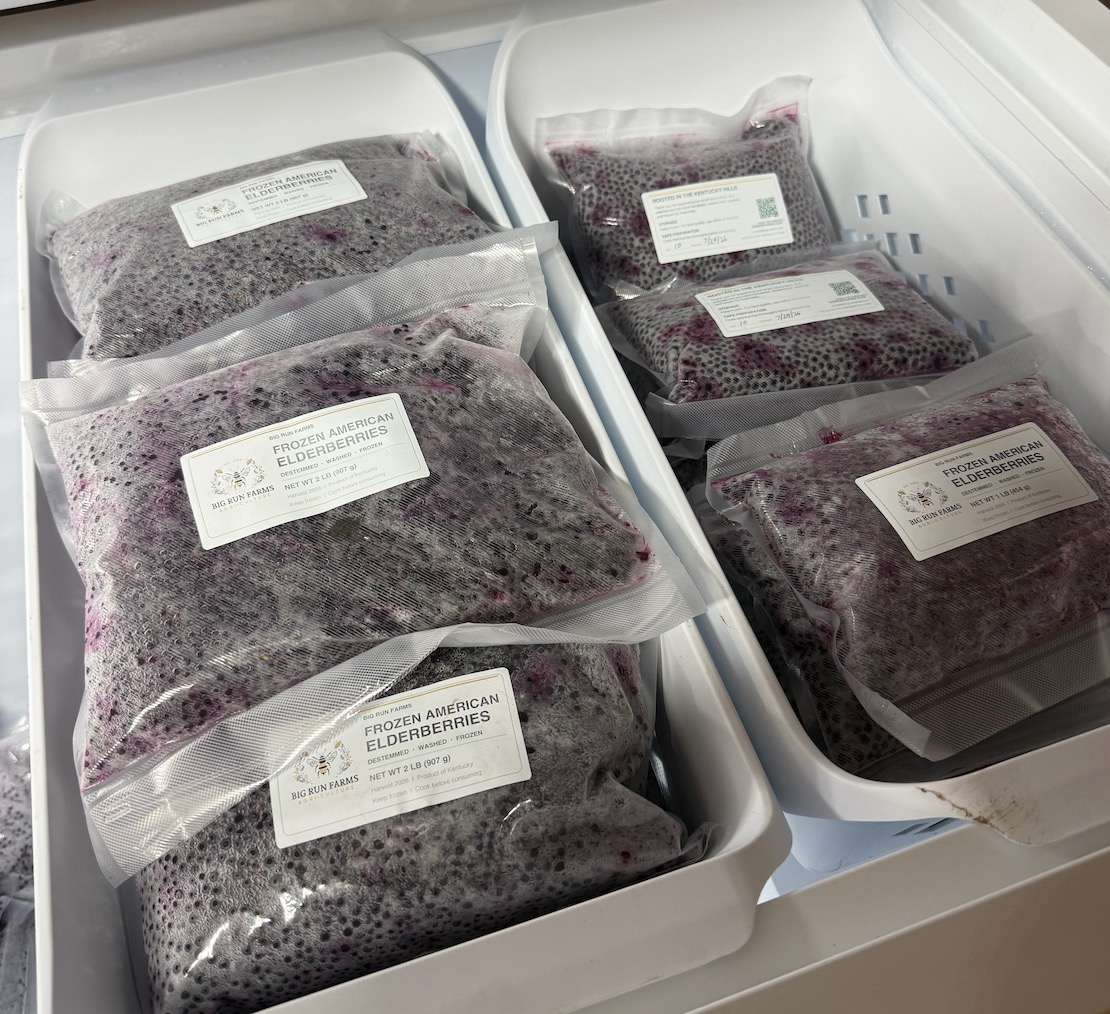 One-pound and two-pound packages of frozen elderberries